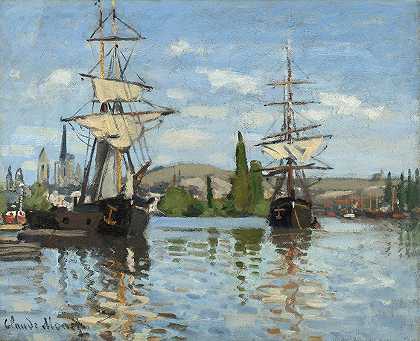 在鲁昂塞纳河上航行的船只`Ships Riding on the Seine at Rouen (1872 1873) by Claude Monet