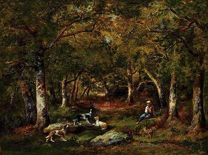森林里的孩子和猎狗`Enfant Et Chiens De Chasse En Forêt (1855) by Narcisse-Virgile Diaz de La Peña