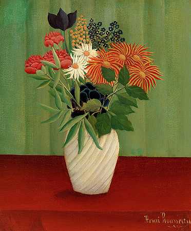 1910年绘制的带有紫菀和东京花的花束`Bouquet of Flowers with China Asters and Tokyos, Painted in 1910 by Henri Rousseau