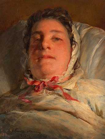 艾米莉·阿梅林，内伊。海因里希躺在病床上（艺术家的第三任妻子）`Emilie Amerling, geb. Heinrich auf dem Krankenbett (3. Frau des Künstlers) (1872) by Friedrich von Amerling