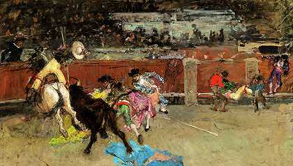 斗牛，受伤的皮卡多，1867年`Bullfight, Wounded Picador, 1867 by Mariano Fortuny Marsal
