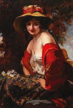 戴草帽的年轻女士`A Young Lady With A Straw Hat by Leopold Schmutzler