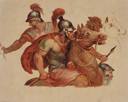 古代骑士研究，D在棕色的查尔斯之后`Études de cavaliers antiques, daprès Charles Le Brun by Paul-Jacques-Aimé Baudry