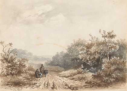 一家人、一只羊和一只狗的风景`Landschap met een familie, een schaap en een hond (1842) by Hendrik Valkenburg