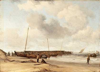 海滩上停着一辆韦斯丘伊特`Beach with a Weyschuit Pulled up on Shore (circa 1673) by Willem van de Velde the Younger