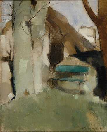 墙上的影子II（绿色长凳）`Shadow on the Wall II (Green Bench) (1928) by Helene Schjerfbeck