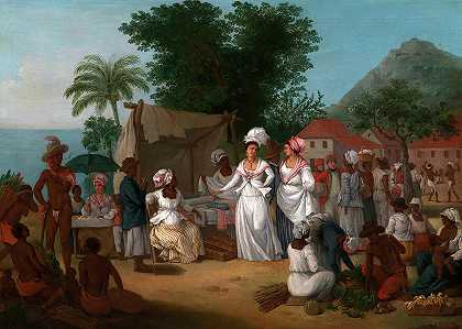 1780年，西印度群岛的一个亚麻市场，有亚麻摊位和蔬菜销售商`A Linen Market with a Linen-stall and Vegetable Seller in the West Indies, 1780 by Agostino Brunias