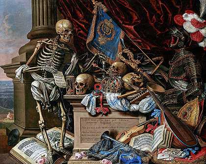 瓦尼塔斯的静物画有乐器、乐谱、书籍、骷髅、头骨和盔甲`A Vanitas Still Life with Musical Instruments, Sheet Music, Books, a Skeleton, Skulls and Armour by Carstian Luyckx
