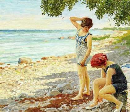 1860-1934年在海滩上`On the Beach, 1860-1934 by Paul Fischer
