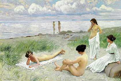 在霍恩贝克海滩为女性洗澡`Bathing Women on Hornbaek Beach by Paul Fischer