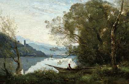 停泊的船夫，1861年`The Moored Boatman, 1861 by Jean-Baptiste-Camille Corot