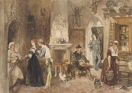 城堡的仆人们团结在前院里`Bedienden van een kasteel in een voorvertrek verenigd (1870) by Charles Rochussen