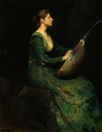 拿着琵琶的女士，1886年`Lady with a Lute, 1886 by Thomas Dewing