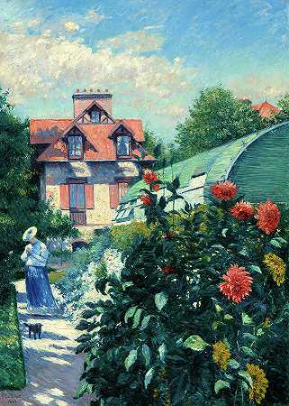 大丽花，佩蒂·根内维尔花园，1893年`Dahlias, Garden at Petit Gennevilliers, 1893 by Gustave Caillebotte