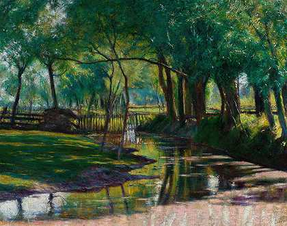 有小溪的绿色景观`Green landscape with a stream (1891) by Władysław Podkowiński