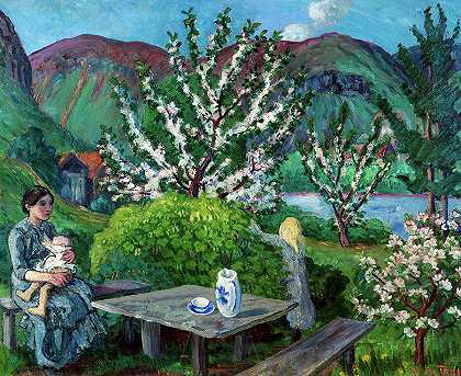 母亲和孩子们在花园的桌子旁`Mother and Children by the Garden Table by Nikolai Astrup