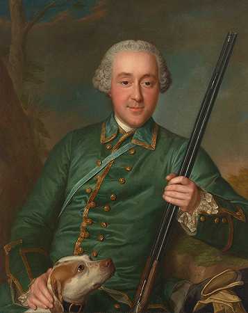 Nicholas Anne de Lisle手持步枪和猎狗的肖像`Portrait of Nicholas Anne de Lisle with a rifle and hunting dog by Marianne Loir