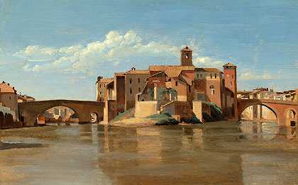 1825-1828年，罗马圣巴托洛梅奥岛和桥`The Island and Bridge of San Bartolomeo, Rome, 1825-1828 by Jean-Baptiste-Camille Corot