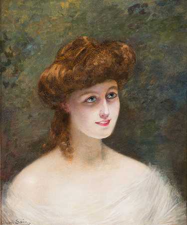 红发美女的画像`Portrait of a beauty with red hair by Edouard Alexandre Sain