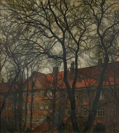 哥本哈根Nørregade景观`View Of Nørregade, Copenhagen (1926) by Svend Hammershøi