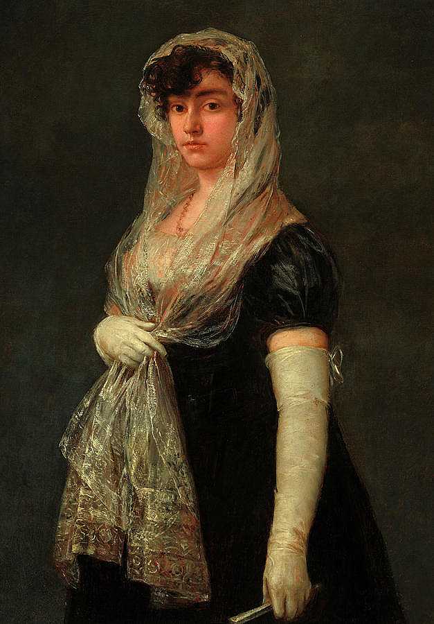 1800年至1805年，一位年轻女士穿着壁炉架和巴斯奎纳`Young Lady Wearing a Mantilla and Basquina, 1800-1805 by Francisco de Goya