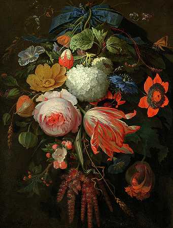 一束悬挂的鲜花，1665-1670年`A Hanging Bouquet of Flowers, 1665-1670 by Abraham Mignon