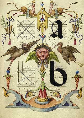 字母a和b的构造指南，1591-1596`Guide for Constructing the Letters a and b, 1591-1596 by Joris Hoefnagel