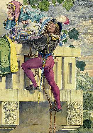 激情，爱情，阳台场景，卡普莱特的果园，罗密欧和朱丽叶，第三幕，第五场`The Passions, Love, The Balcony Scene, Capulet\’s Orchard, Romeo and Juliet, Act III, Scene V by Richard Dadd