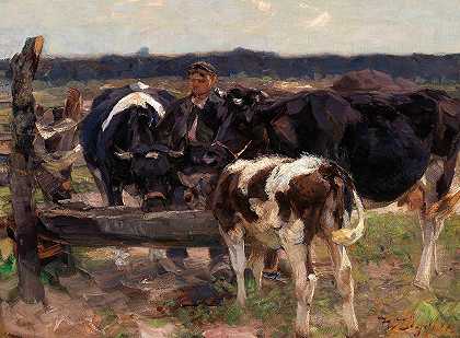 牧人在浇水处附近牵着奶牛`A Shepherd with Cows near a Watering Place by Heinrich Von Zügel