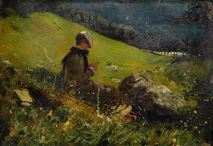 田里的女孩在编织`Girl In A Field Knitting (1879) by Hans Dahl