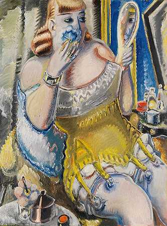 妓女，粉状，穿着黄色紧身胸衣`Dirne, sich pudernd, in gelbem Korsett (1938) by Paul Kleinschmidt