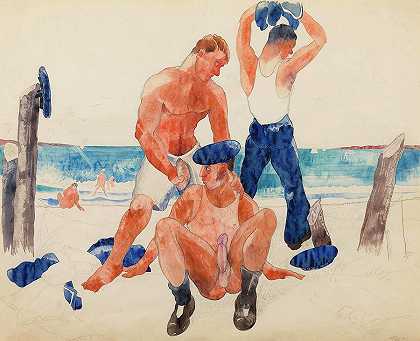 海滩上有三个水手`Three Sailors on the Beach by Charles Demuth