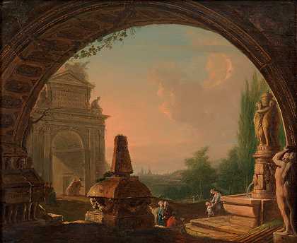 从拱门上看去，这是一幅梦幻般的早晨风景画，带有观景台`Phantastische Morgenlandschaft mit Staffage, durch einen Torbogen gesehen (ca. 1770–1800) by Vinzenz Fischer