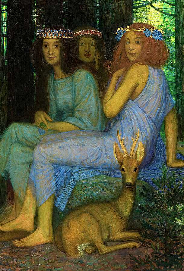 三个仙女和一只狍` Three Nymphs with a Roe Deer by Friedrich Konig
