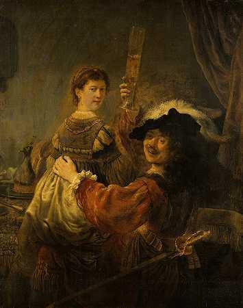 《浪子》中的伦勃朗和萨斯基亚`Rembrandt and Saskia in the Scene of the Prodigal Son (circa 1635) by Rembrandt van Rijn