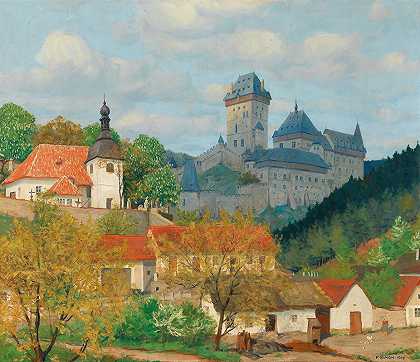 布拉格附近Karlštejn城堡景观`View of Karlštejn Castle near Prague by Tavík František Šimon