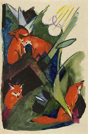 四只狐狸`Four foxes (1913) by Franz Marc