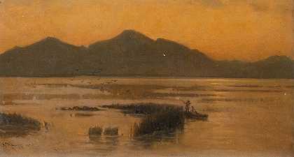 晚上在切姆塞湖`Evening at lake Chiemsee (1895) by Karl Raupp