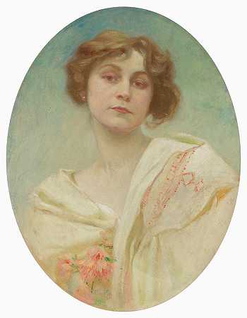 一位穿着民族服装的年轻女子的肖像`Portrait of a young woman in folk costume (1921) by Alphonse Mucha
