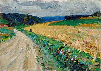 Kallmünz——黄色驿站马车的自然研究`Kallmünz – Nature study on the yellow stagecoach (1903) by Wassily Kandinsky