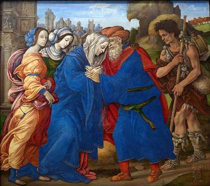 约阿希姆和安妮在耶路撒冷金门外的会面`The Meeting of Joachim and Anne outside the Golden Gate of Jerusalem (1497) by Filippino Lippi