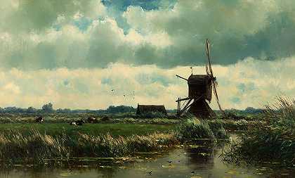 Acoude附近有风车的圩区景观`Polder Landscape with Windmill near Acoude