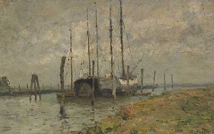 舒劳港的帆船`Segelboot im Hafen von Schulau (1920) by Rudolf Höckner