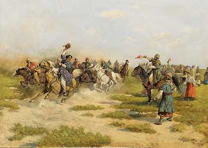 到达村庄的骑手`Riders Arriving at a Village (1892) by Adam Kazimierz Ciemniewski