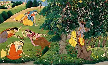 克里希纳向挤奶女工吹气`Krishna Fluting to the Milkmaids