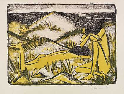 一个坐在沙丘上的女孩和一个躺着的女孩（西尔特，沙丘上的两个女孩）`Ein in Dünen sitzendes und ein liegendes Mädchen (Zwei Mädchen in den Dünen, Sylt) (1920~1924) by Otto Mueller