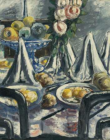 餐巾和玫瑰套装（餐巾和玫瑰套装）`Gedeckter Tisch Mit Servietten Und Rosen (Table Set With Napkins And Roses) (1948) by Paul Kleinschmidt