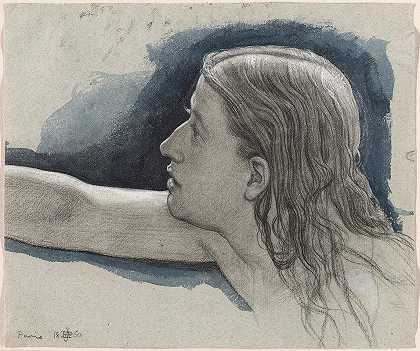 研究一个年轻人她的头伸出右臂`Study of a Young Mans Head with Right Arm Outstretched (1860) by Edward John Poynter