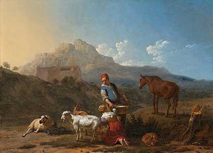 意大利风景画，女孩在挤山羊奶`Italian Landscape with Girl Milking a Goat (1652) by Karel Dujardin