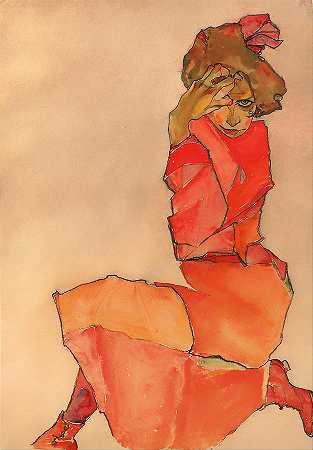 身穿橙红色连衣裙的跪着的女性`Kneeling Female in Orange-red Dress